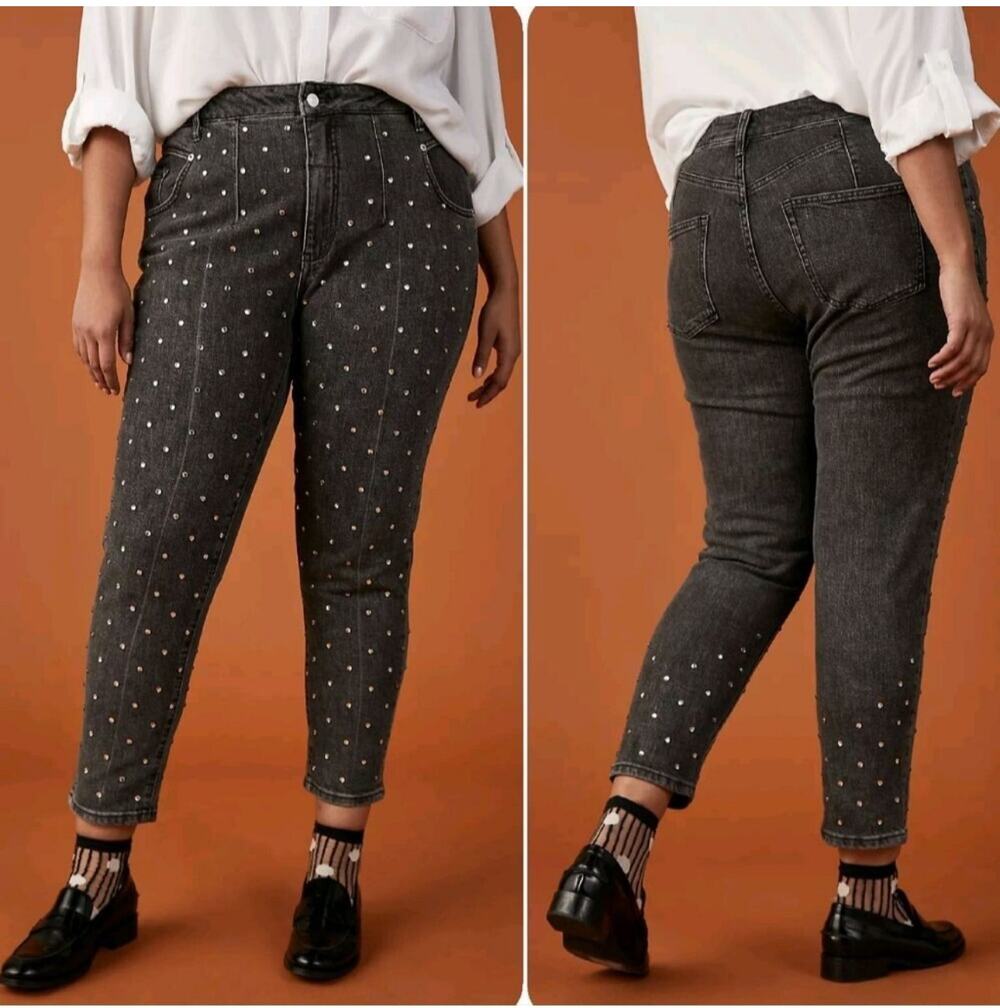 Anthropologie Pilcro Jeans Womens 29 Washed Black Slim Fit Rhinestone Stud Denim